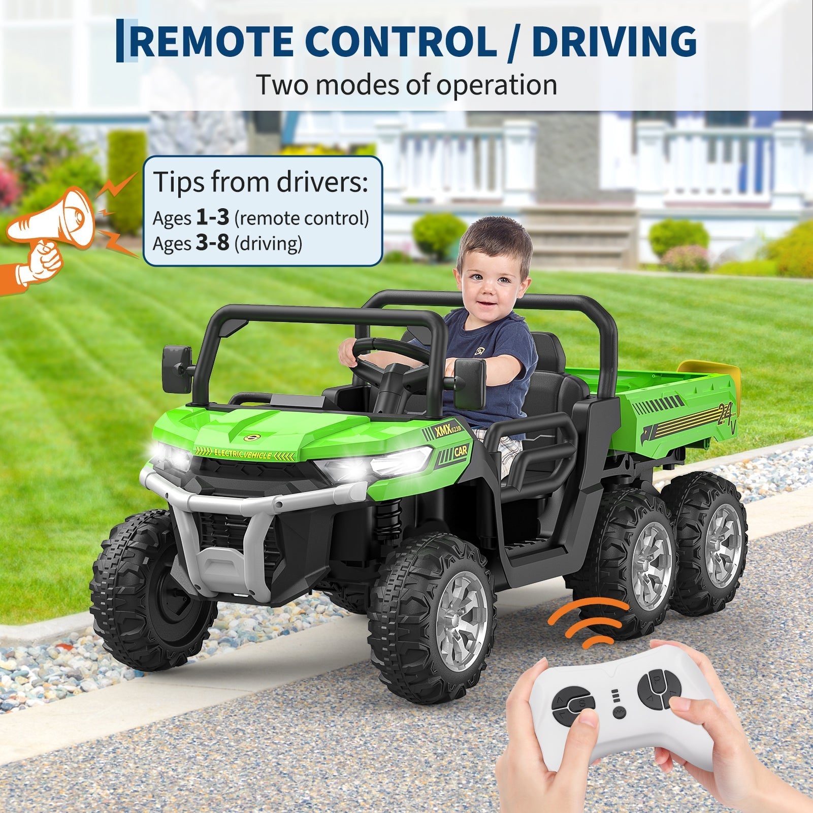 Garvee Ride - P Series: 2-Seater Ride on Car,6X6 24V Kids Ride On Dump Truck with Remote Control Electric Utility Vehicles UTV Battery Powered 6 Wheeler, for 3 years and up - Green
