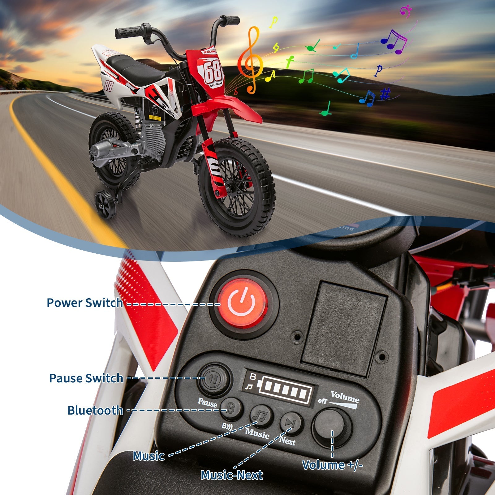 Garvee Ride - P Series: 12V Kids Electric Dirt Bike, 25W*2 Motor, Twist Grip Throttle, Spring Suspension, Training Wheels, Ride-On Toy - Red