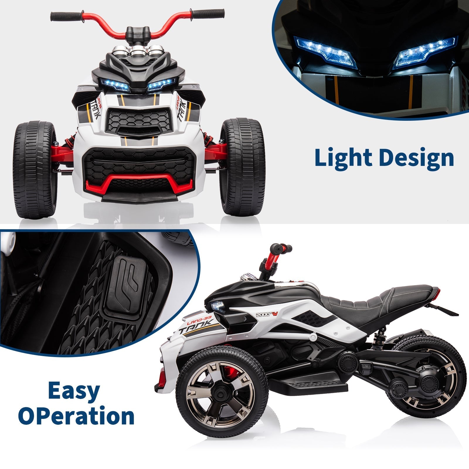 Garvee 12V Kids Ride on Toy for Kids, 2x55W Powerful Engine 7AH Battery, 3 - 7 km/H, 3 Wheelers Electric Vehicle, LED Lights, 2 Speeds, EVA Tire, Music, USB - White