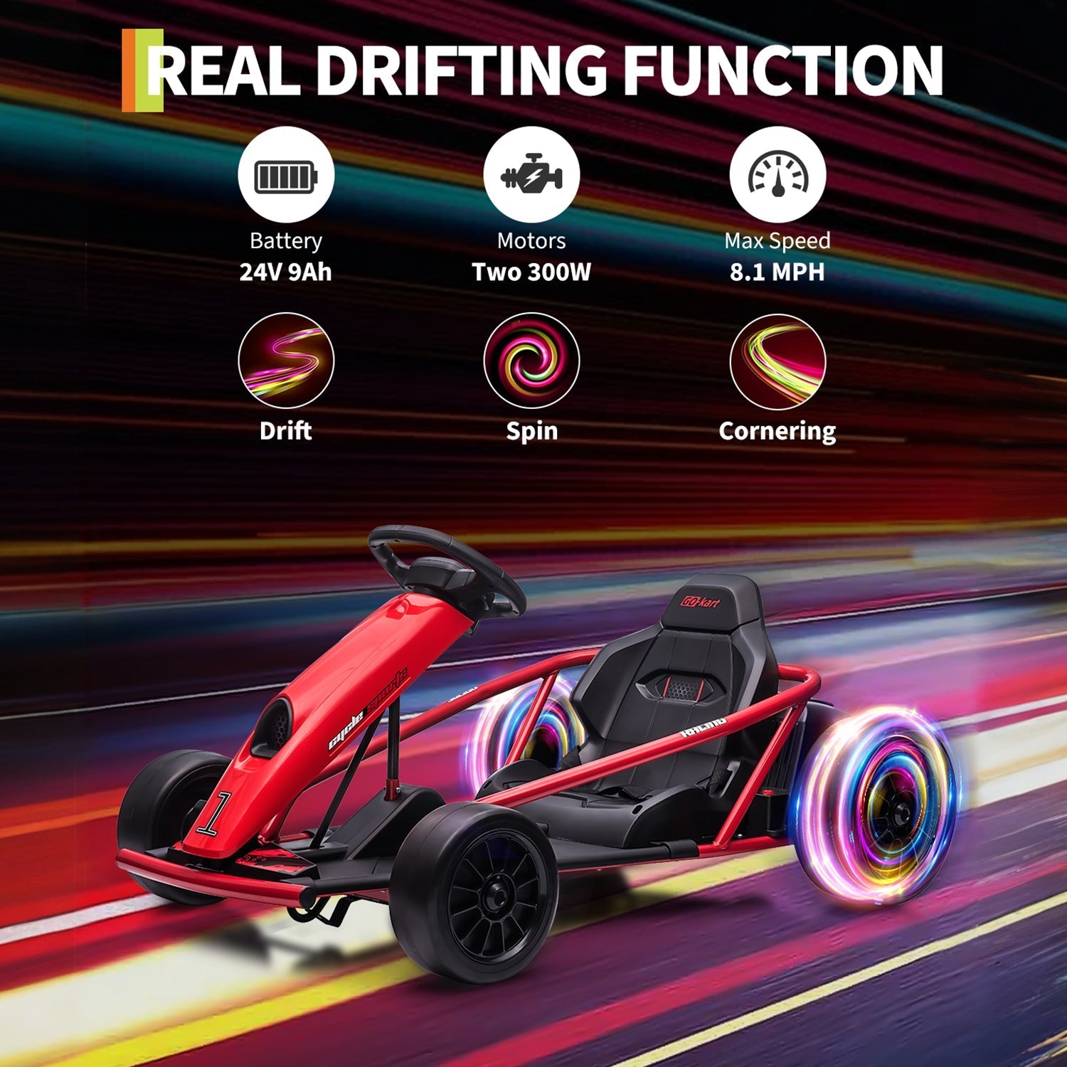 Garvee Ride G Series 24V Go Kart for Kids 8-12, 300W*2 Motors, 9Ah Battery, 8MPH Speed, Music, Horn, 175lbs Max Load - Red