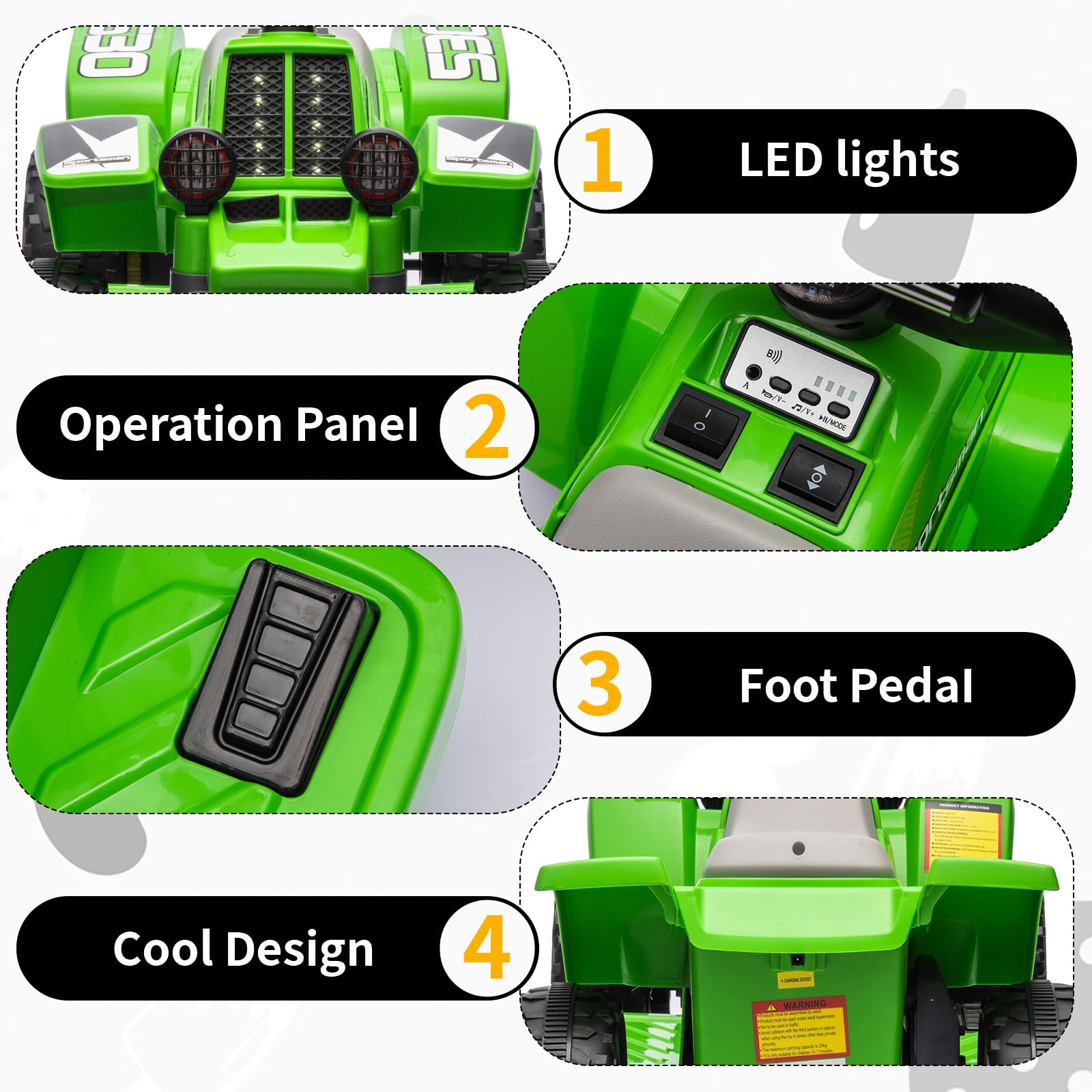 Garvee Ride - P Series: 6V Kids Ride On Electric Quad ATV, Ride Car with LED Headlights, Ride-On Toy for Toddlers 1-3 Boys & Girls with Music, Forward & Reverse - Green