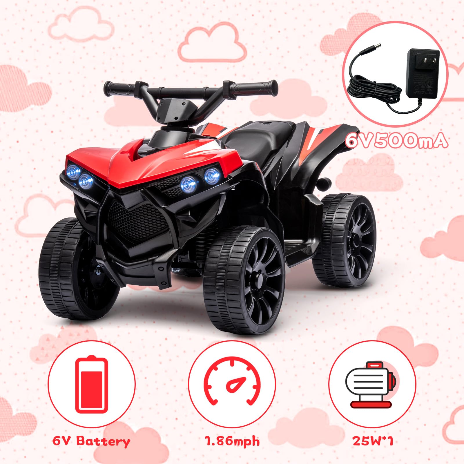 Garvee Ride - P Series: 6V Quad ATV for Kids Toddler 3+ years, Max 55lb Capacity ,With LED, Music, Foot Pedal, Wear-Resistant Wheels, 1.9 MPH - Red