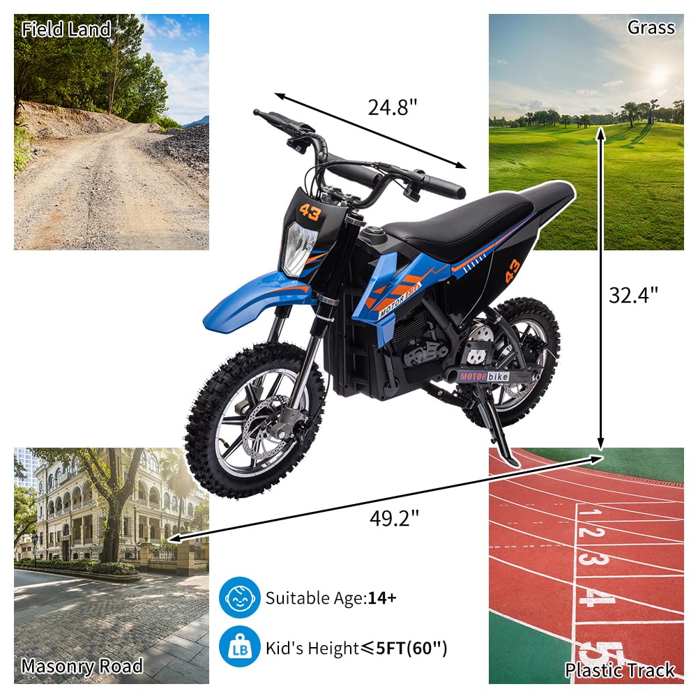 Garvee Ride - T Series: 36V Kids Electric Dirt Bike, 350W/15.5MPH Brushless Motor, LED, Comfortable Leather Seat, 175lbs Max Load Capacity-Blue