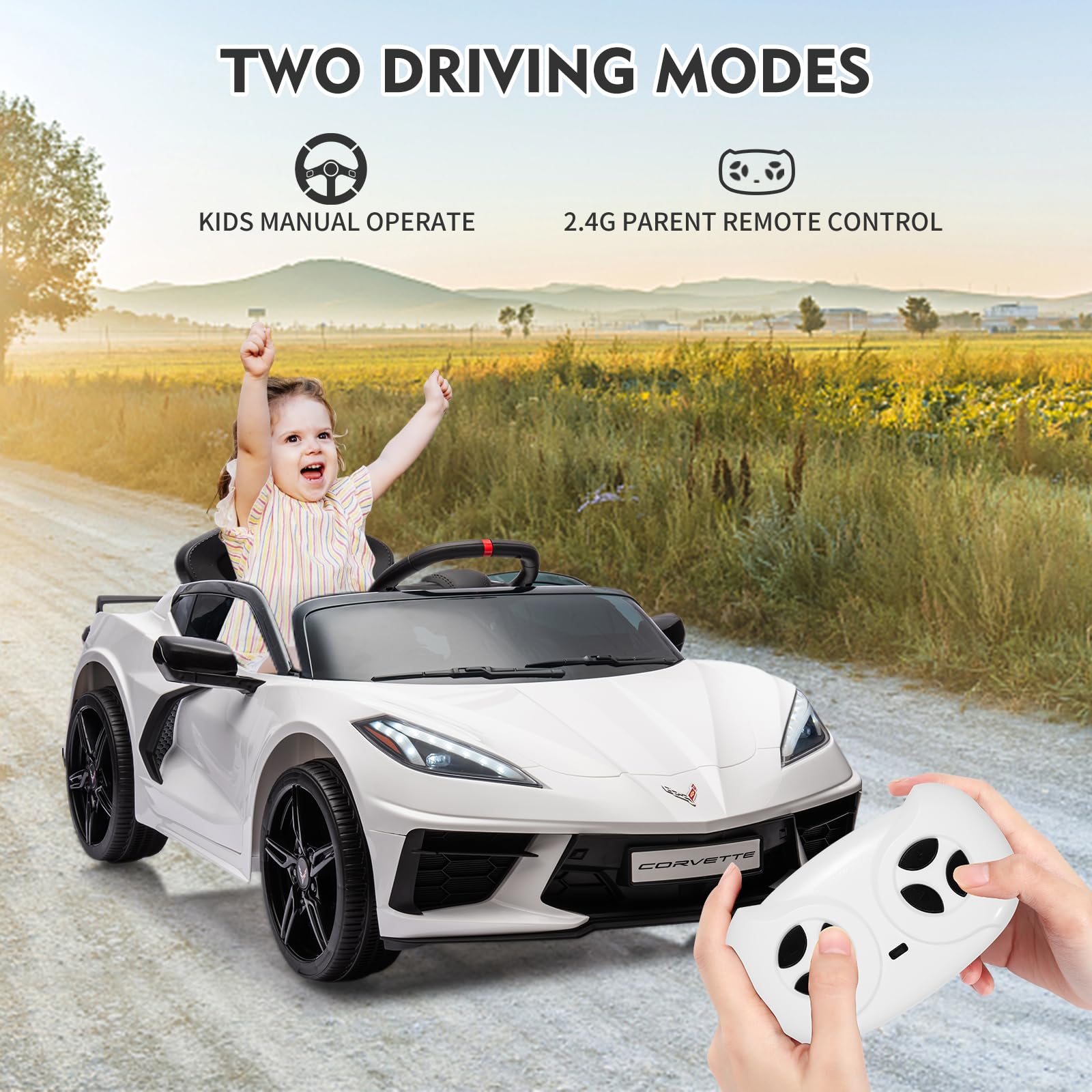 Garvee Ride - P Series: 12V Kids Ride on Car Licensed Corvette Battery Powered Car Toddles Electric Sports Car Toy with Remote Control, Visual Dashboard, LED Lights, Music, Gifts for Boys Girls, White