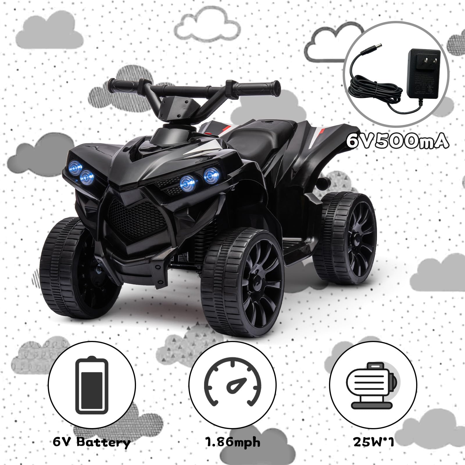 Garvee Ride - P Series: 6V Quad ATV for Kids Toddler 3+ years, Max 55lb Capacity ,With LED, Music, Foot Pedal, Wear-Resistant Wheels, 1.9 MPH - Black