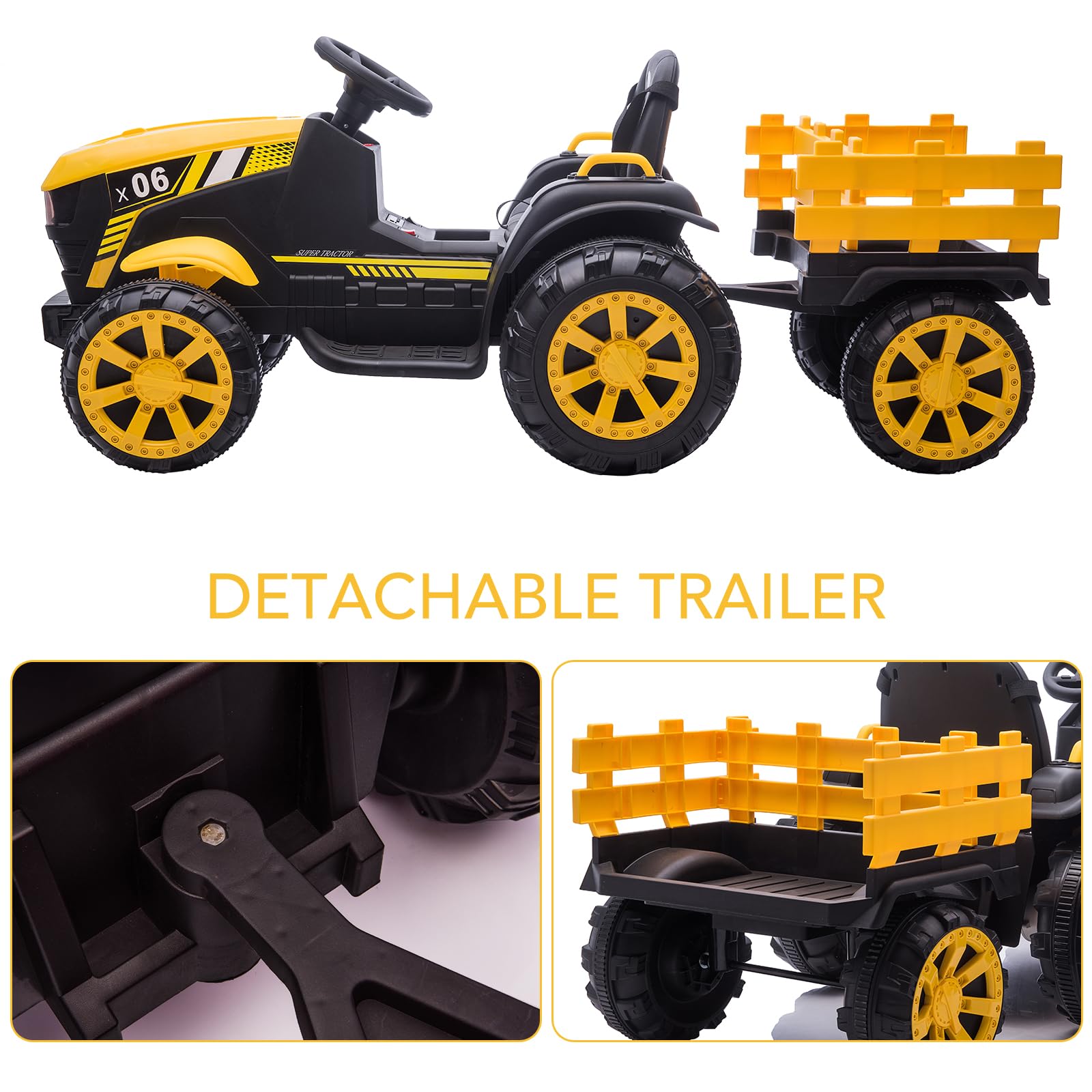 Garvee Ride - P Series: 12V Kids Ride On Tractor with Trailer, LED Lights for Boy Girl - Yellow