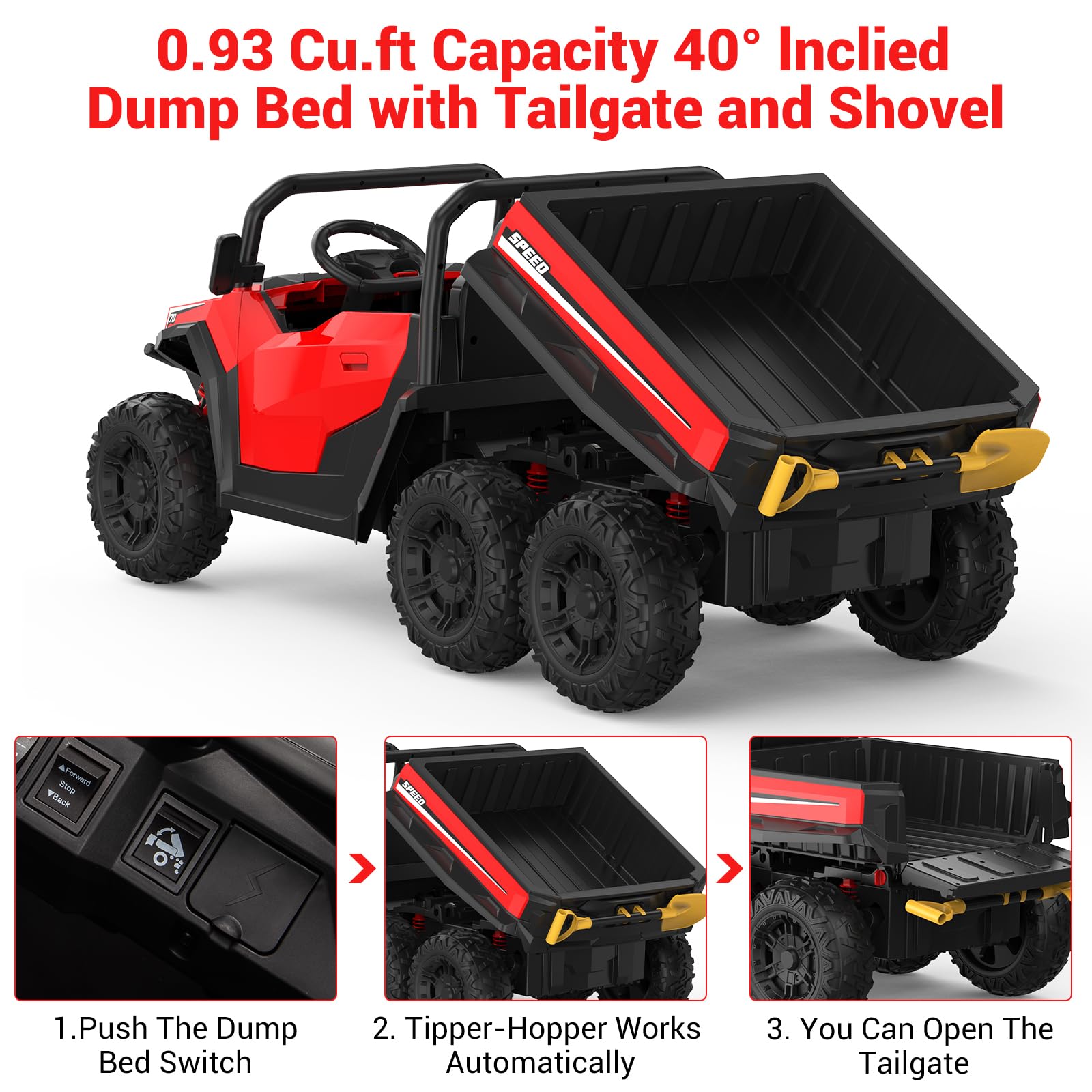 Garvee Ride - P Series: 24V 4WD Electric Ride On Dump Truck with Remote Control, 2-Seater, Music Player, LED Lights, Key Start Safety System, Durable Plastic, Off-Road Kids Toy for Ages 3+ - Red