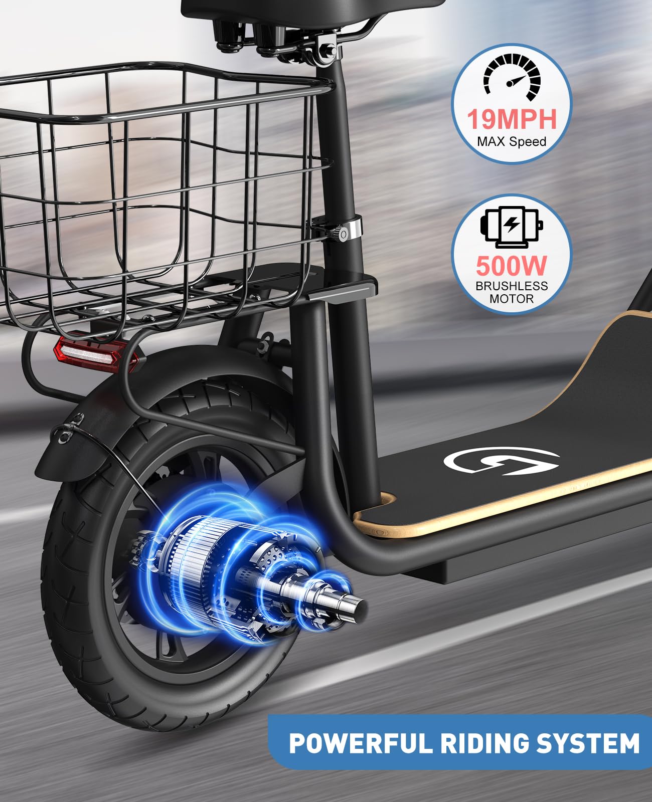 Garvee Electric Scooter for Adults, 12" Fat Tire Foldable Electric Bike with Seat and Basket, 500W Brushless Motor, Dual Brake System, 265lbs Max Load, 19 Mph 30 Miles Range, Smart LCD Display, Black