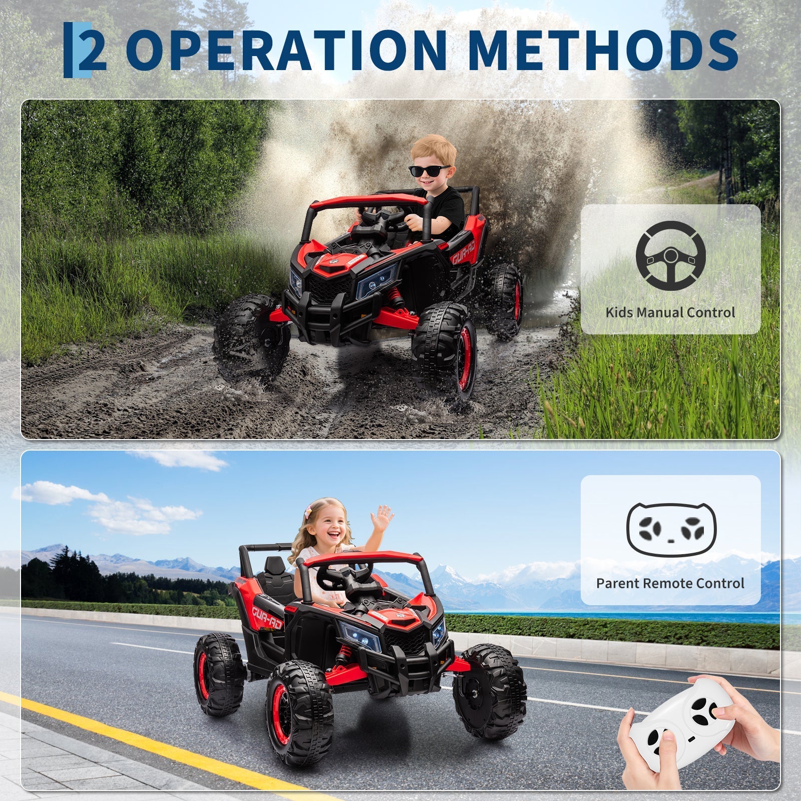 Garvee Ride - P Series: 24V Ride-On UTV: Remote Control, 200W Motor, Spring Suspension, Music, LED Lights, for Boys & Girls - Red