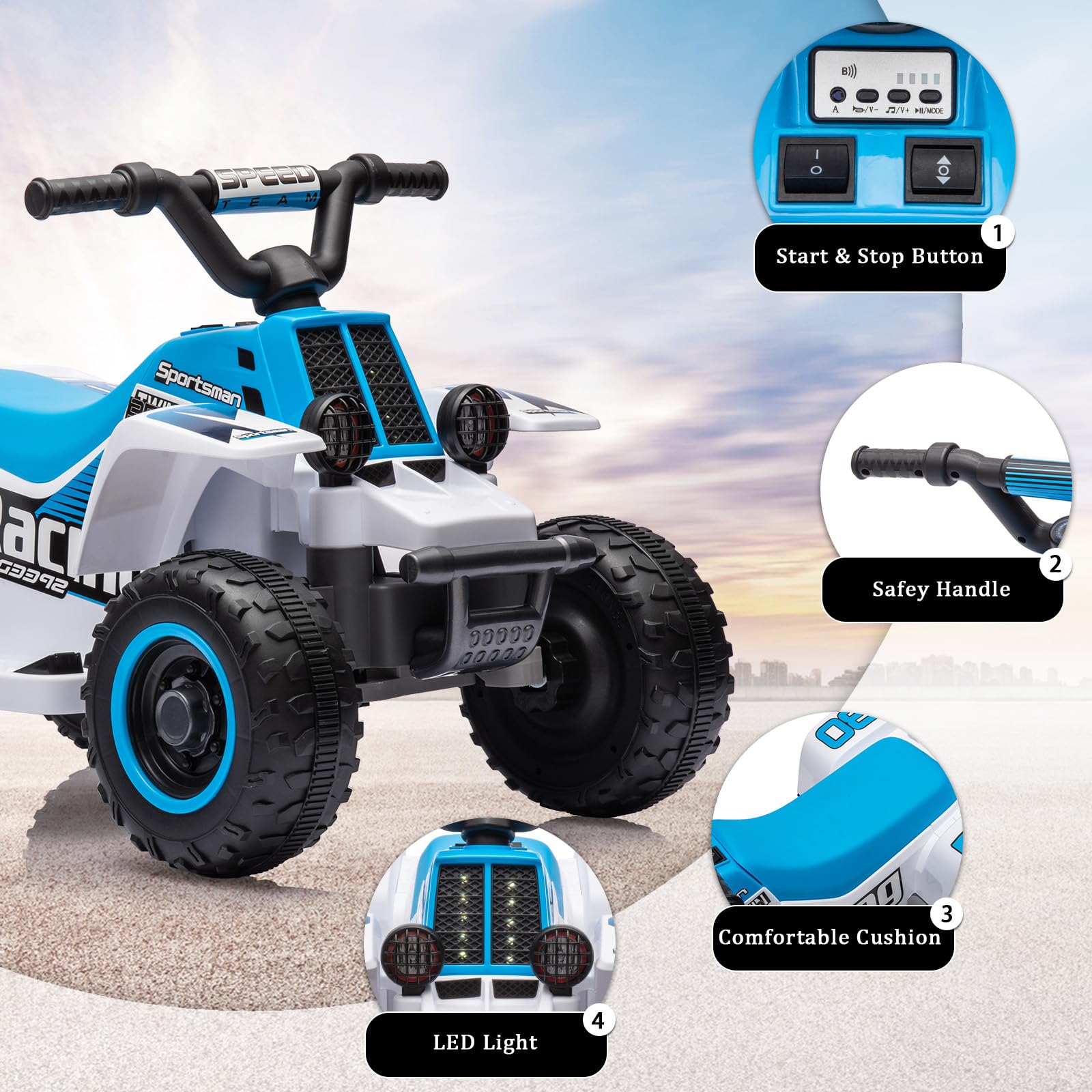 Garvee Ride - P Series: 6V Kids Ride On Electric Quad ATV, Ride Car with LED Headlights, Ride-On Toy for Toddlers 1-3 Boys & Girls with Music, Forward & Reverse - Blue and white