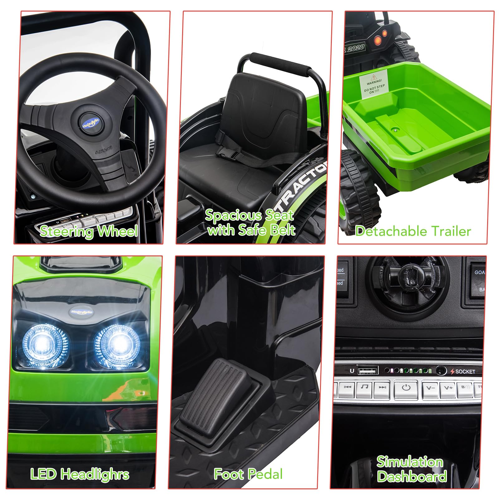 Garvee Ride - P Series: 12V Electric Ride-On Tractor for Kids with Trailer, Remote Control, Music, LED Lights, and Rear Wheel Suspension - Battery Powered Toy Vehicle - Green