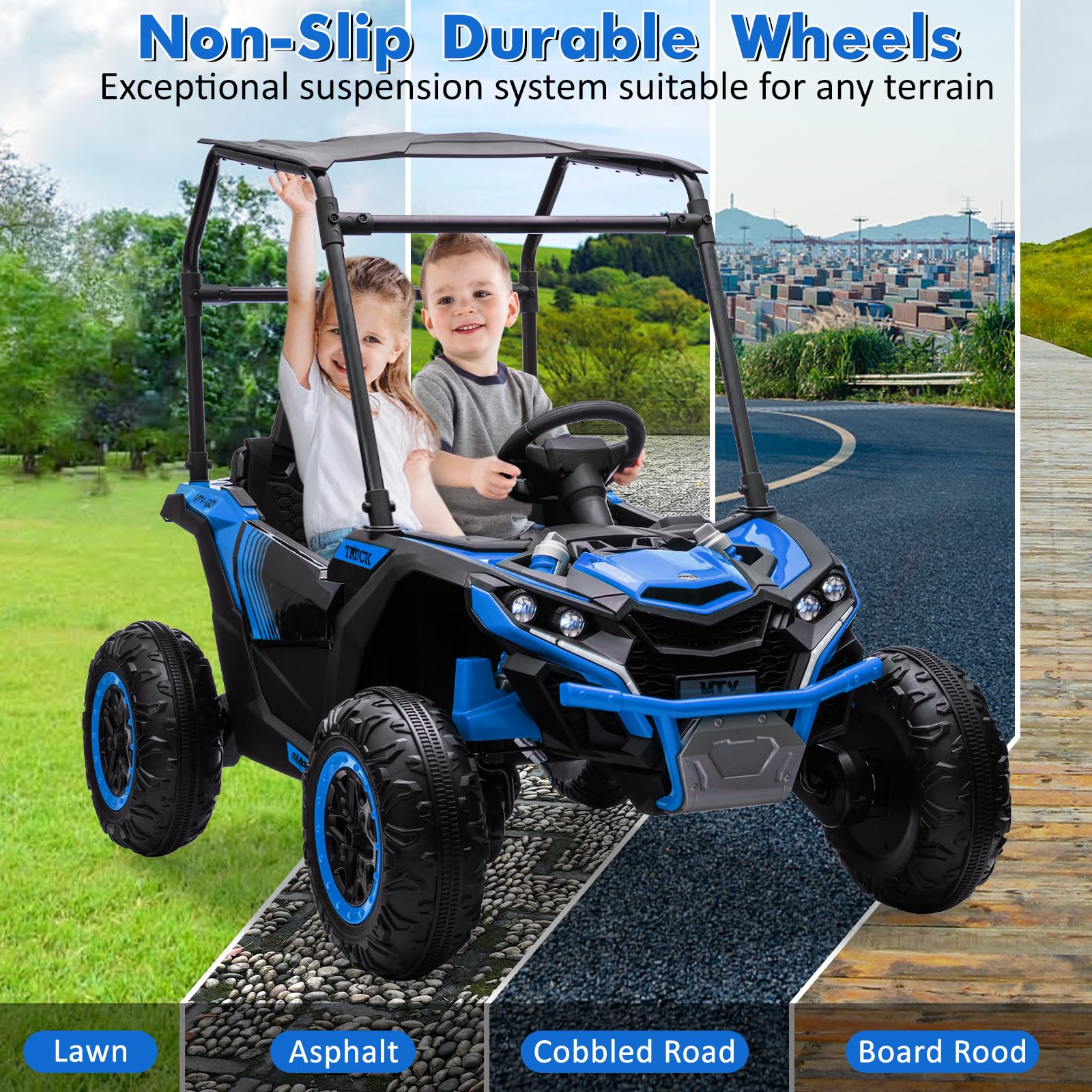 Garvee Ride - P Series: 24V Ride On Utv for Kids, 2 Seater Electric Truck With Sun Shade,4WD Electric Car Toy With Remote Control, Led Lights, 4 Shock Absorbersm,One Click Start, Music Player - Blue