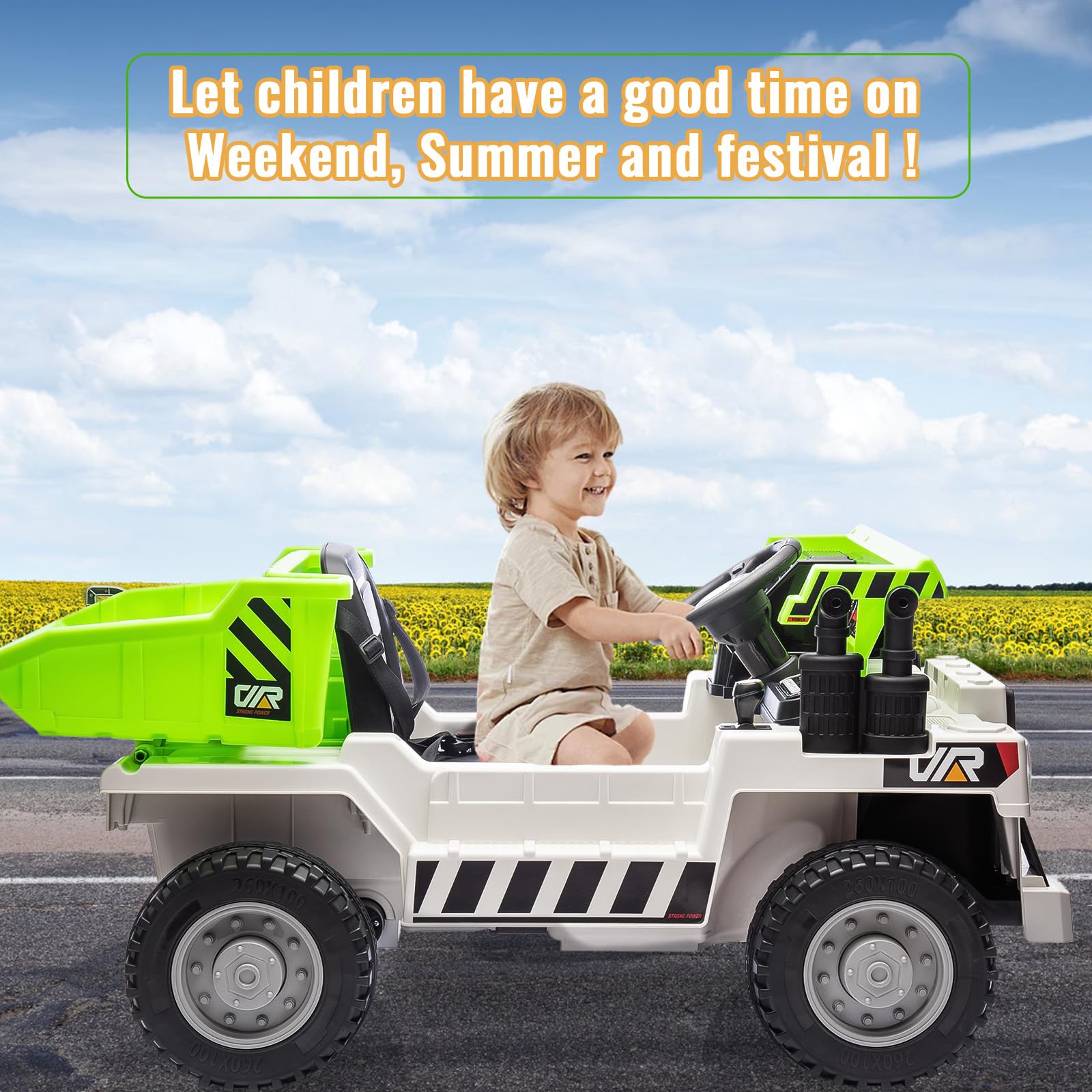 Garvee Ride - P Series: 12V Ride on Dump Truck with Remote Control, Electric Dump Bed, MP3 Player, USB Charger, All-Terrain Tires, Suitable for Indoor and Outdoor Play