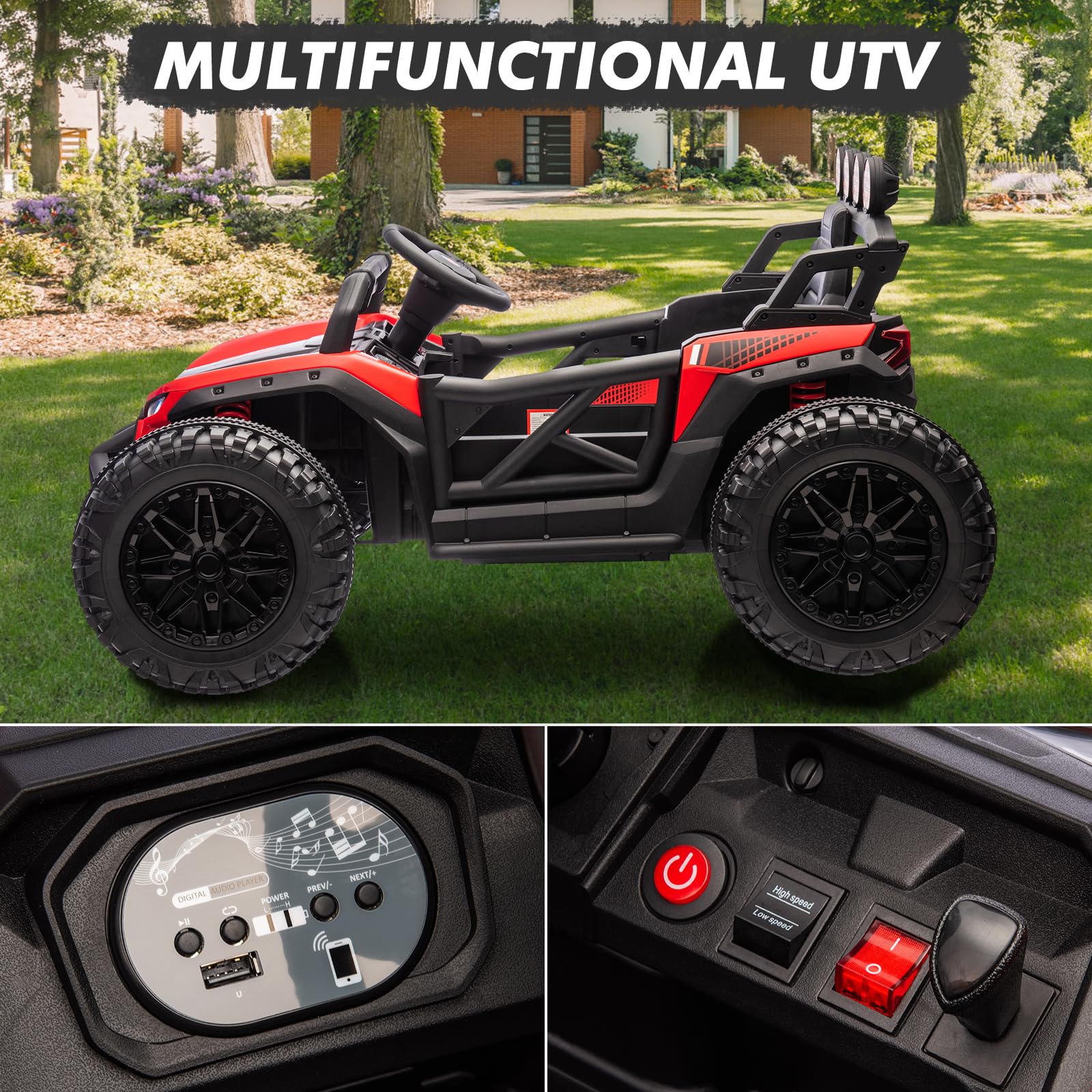 Garvee Ride - P Series: 24V Electric UTV,Ride On Toys for Big Kids,2x130W Powerful Electric Car with Remote Control, 4 Shock Absorbers,LED Lights,Music for Boys and Girls,Red