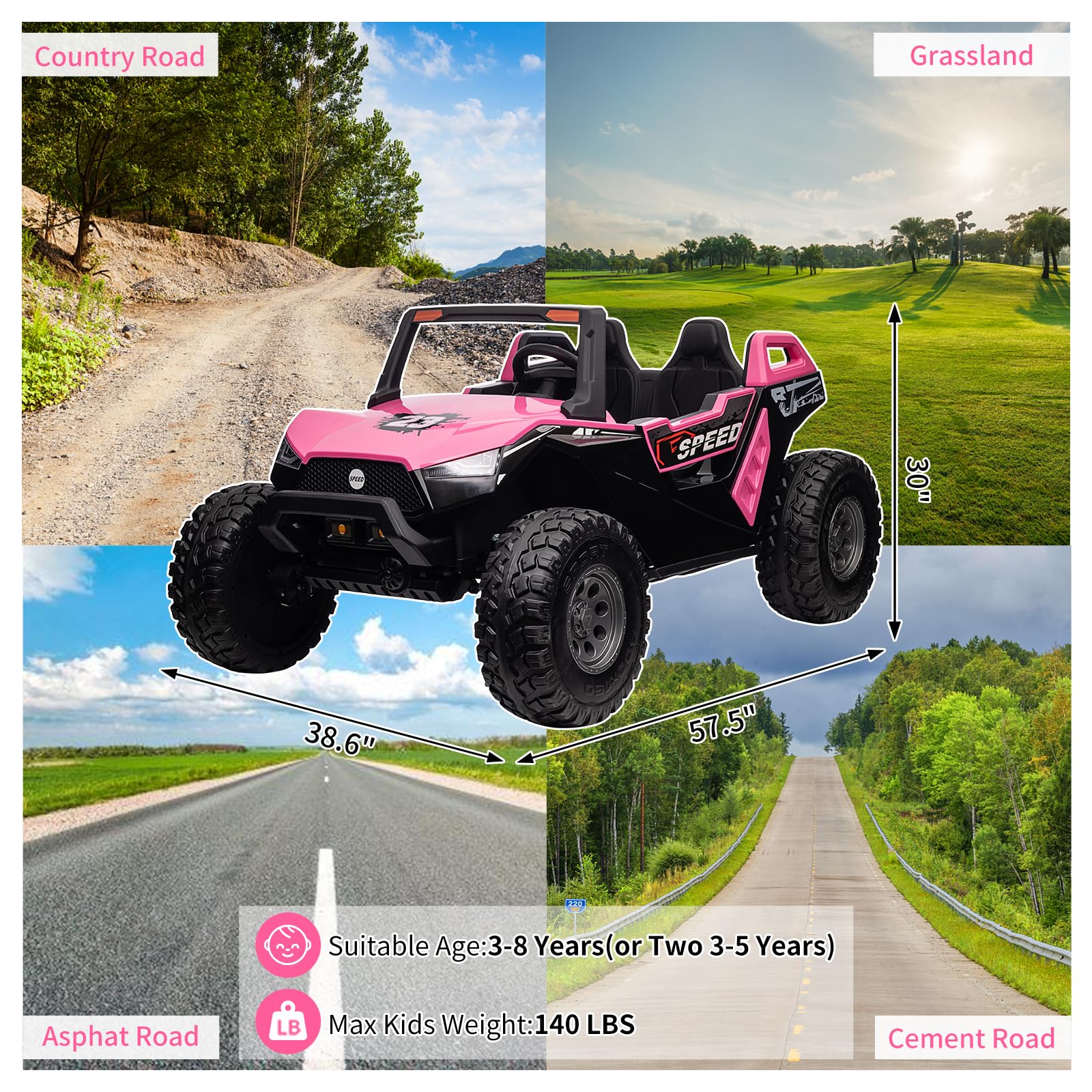 Garvee Ride - P Series: 24V 2-Seater Ride-On UTV: Remote Control, 4WD Motors, 21" Seats + Foldable Seat, 15.4" EVA Wheels, Music, LED Lights, 140lb Max Load - Pink
