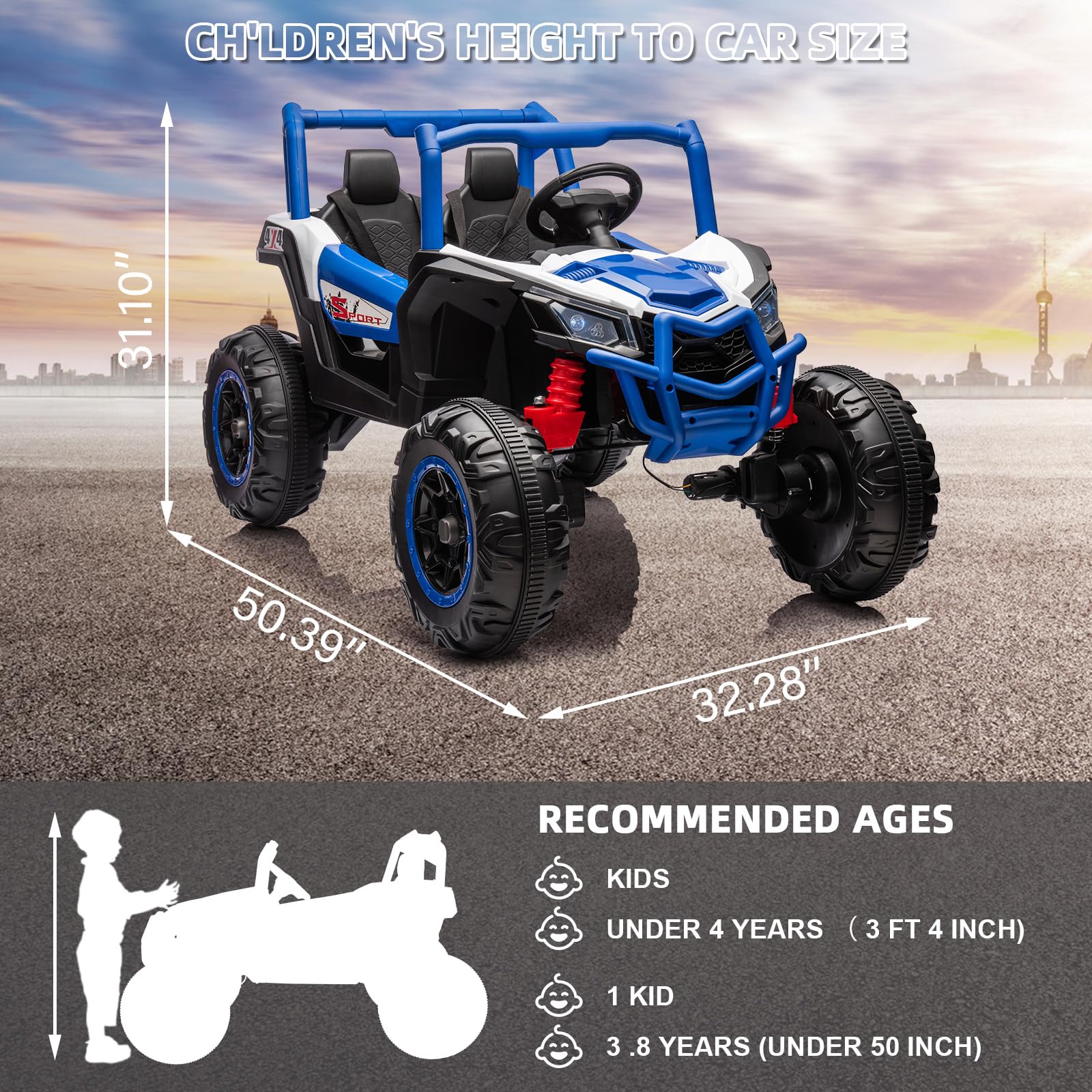 Garvee Ride - P Series: 24V 2-Seater Ride-On UTV, 4WD, Metal Frame, EVA Wheels, Remote Control, LED Lights, Spring Suspension, Outdoor Adventure Toy for Kids 3+ Blue