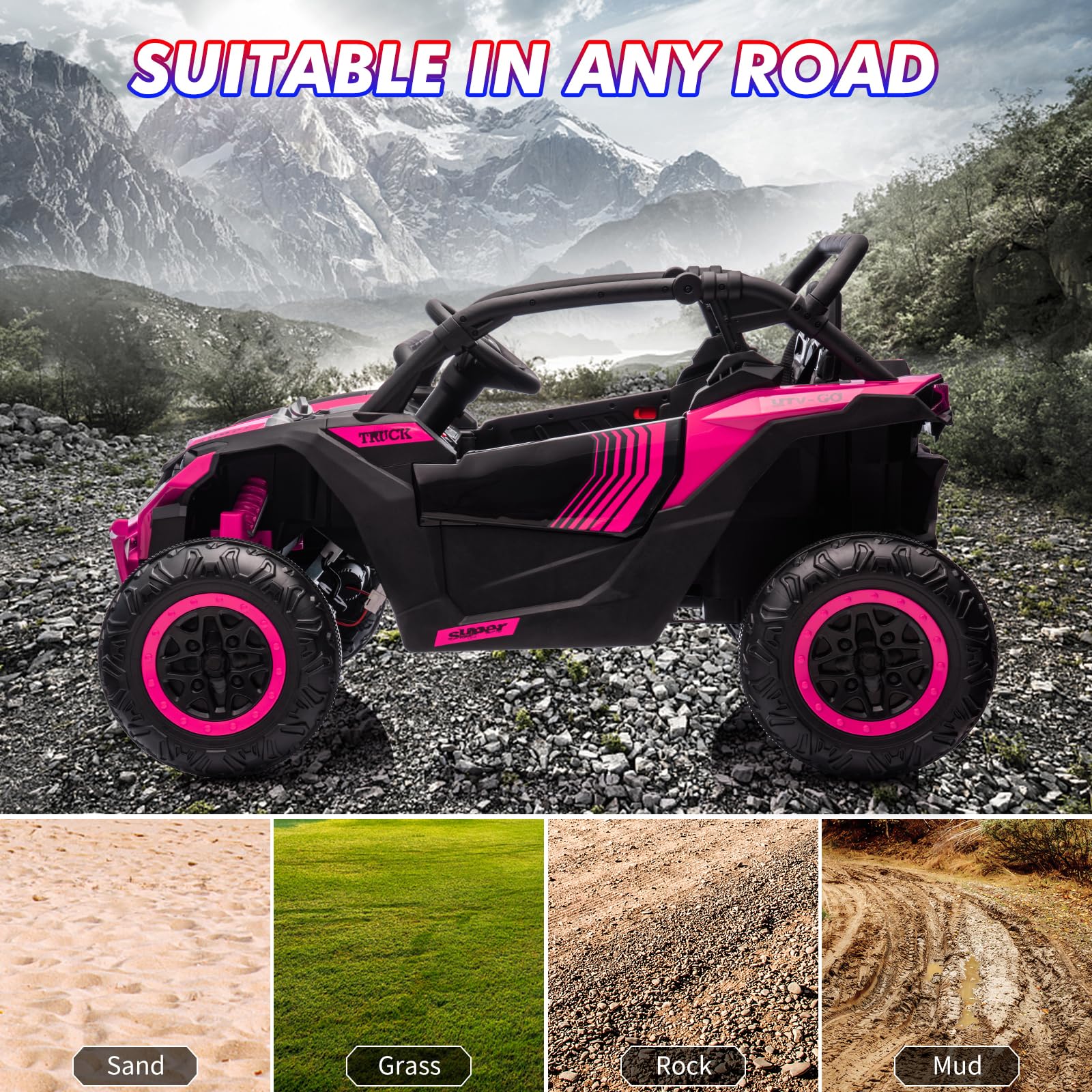 Garvee Ride - P Series: 24V Ride On Utv For Kids,2 Seater 4WD Electric Truck With Remote Control, High And Low Speed Adjustment, Led Lights, 4 Shock Absorbersm,One Click Start, Music Player(Rose)