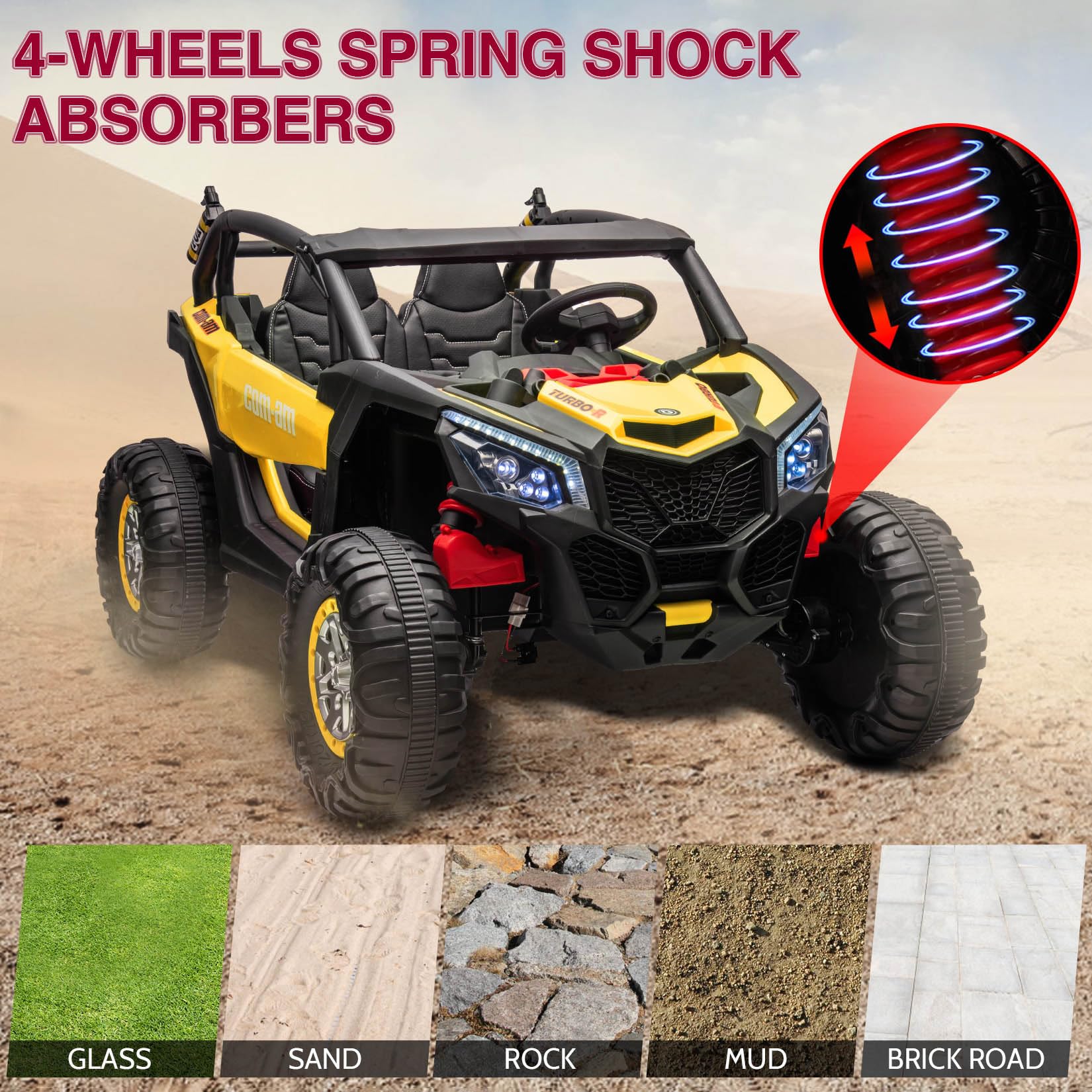 Garvee Ride - P Series: 24V 2 Seater Kids Ride on UTV Car For age 3+, w/Remote Control, 4WD Powerful Electric Vehicle with 4x75W Motors, 4 Shock Absorber, Leather Seat, Music and Light - Yellow