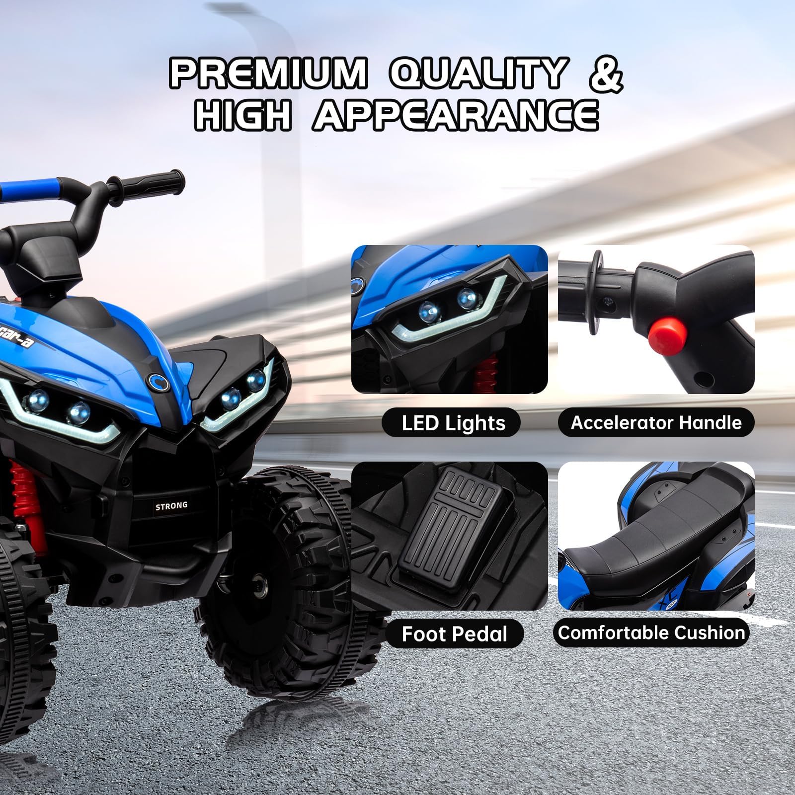 Garvee Ride - P Series: 12V Kids Quad ATV 4 Wheeler with Music, LED Lights for Boys & Girls - Blue