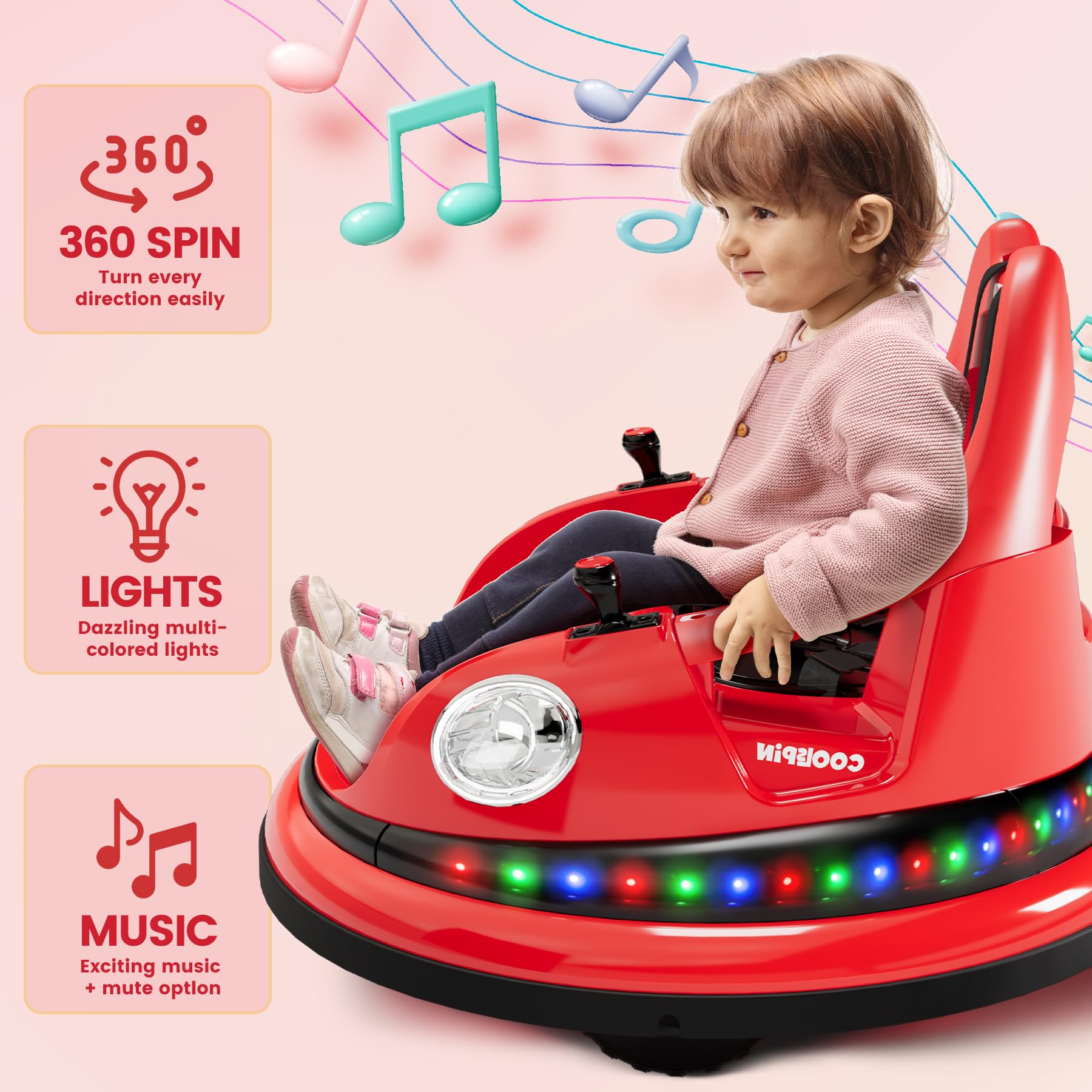 Garvee Ride - P Series: 12V Ride on Toddler Bumping Car W/Remote Control, LED Lights & 360 Degree Spin, ASTM Certified - Red