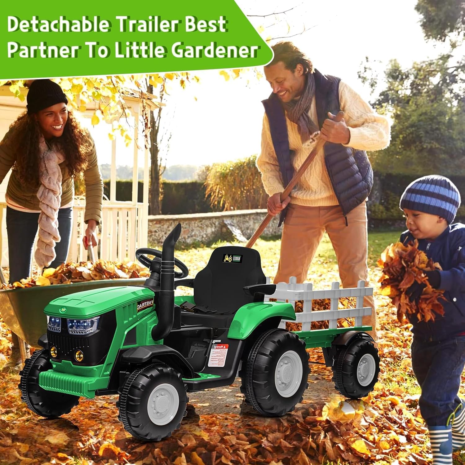 Garvee Ride - P Series: 12V Ride On Car with Trailer, Battery Powered Electric Vehicle Toy 35W Dual Motor, Led Lights, Horn, Music USB, Safety Belt, Green