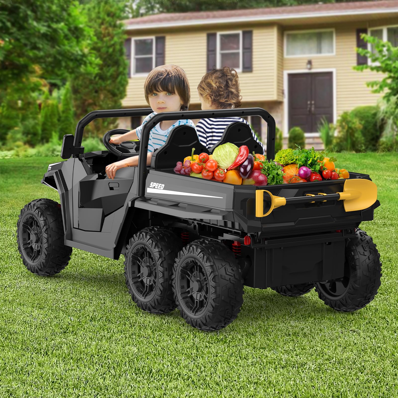 Garvee Ride - P Series: 24V 4WD Electric Ride On Dump Truck with Remote Control, 2-Seater, Music Player, LED Lights, Key Start Safety System, Durable Plastic, Off-Road Kids Toy for Ages 3+ - Black