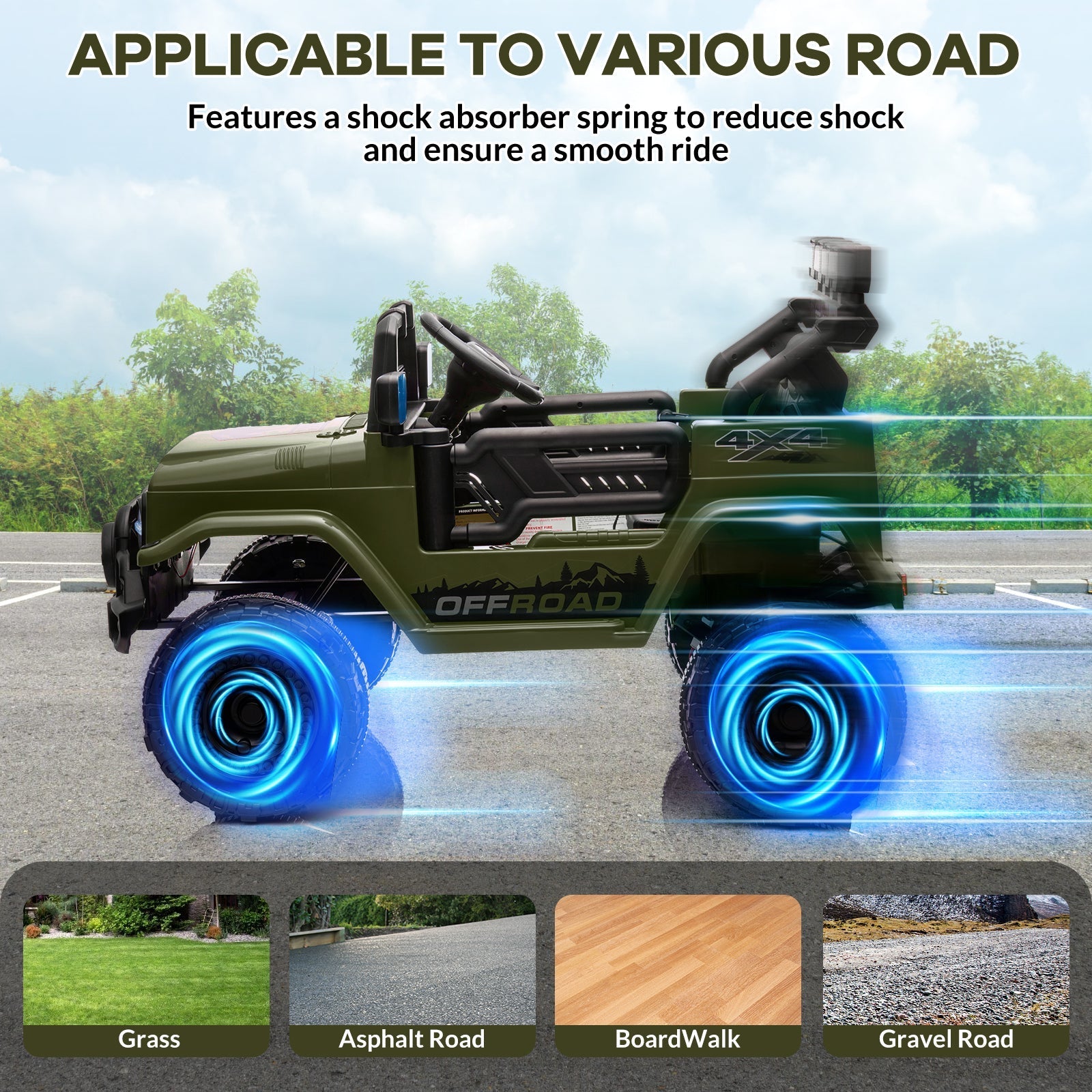 Garvee Ride - P Series: 12V Electric Ride on Truck Car For Kids Age 3+, Remote Control, Twin 25W Motors 3.1MPH Max Speed, Bluetooth USB Music Player, 4 Wheels Suspension LED Lights Safety Belt, Gift for Boy & Girl - Green