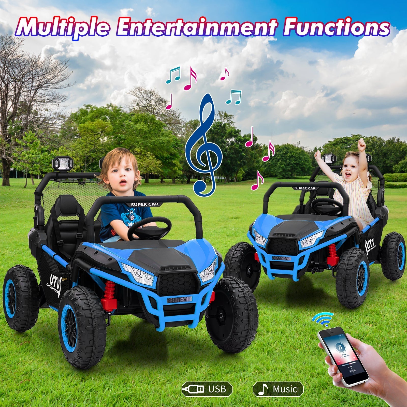 Garvee Ride - P Series: 2 Seater 24V Ride On Car,Electric Vehicle Utv Car for Kids,400W Motors Electric Truck With Remote,4.5MPH Max Speed,Four-Wheel Suspension,Music,Best Gift for Kids,Blue