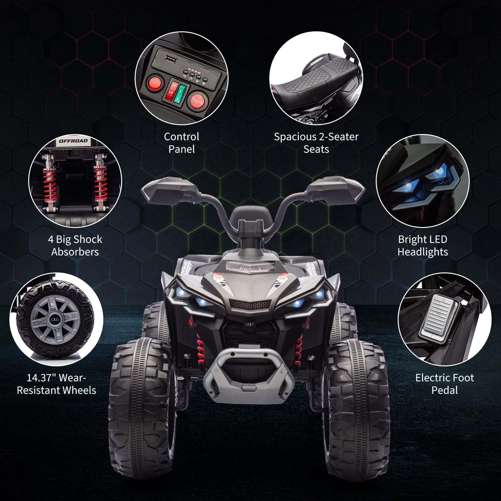 Garvee Ride - P Series: 24V 2-Seater Ride On ATV for Kids - 4-Wheel Battery Powered, High/Low Speed Modes, LED Lights, Music & Horn, Durable Wear-Resistant Wheels, Safe Non-Toxic Material, Outdoor Adventure - Black
