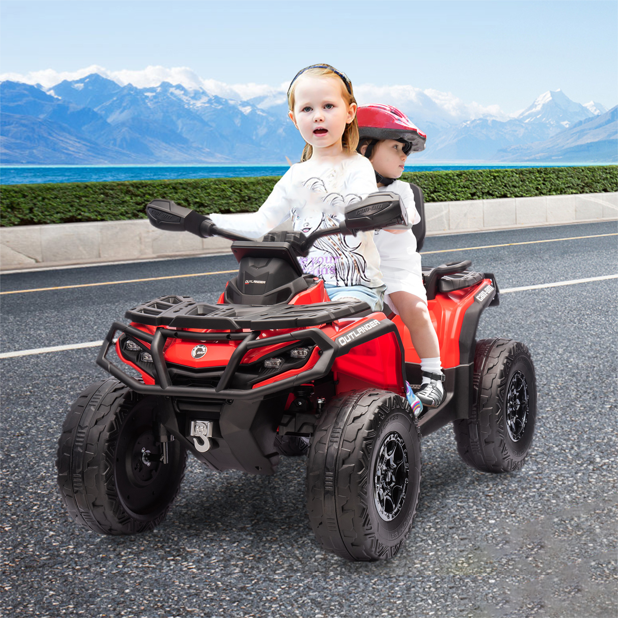 Garvee Ride - P Series: 2 Seater Ride On Car 24V 4WD Electric ATV, Leather Seats, Safety Belt, Bluetooth, Adjustable Speed, Yellow, Outdoor Adventure - Red