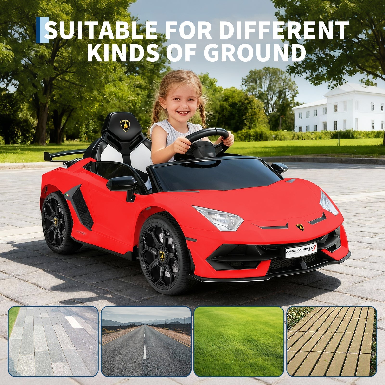 Garvee Ride P Series 12V Electric Ride-On Car for Kids | Licensed Lamborghini Battery-Powered Sports Car with Remote Control, 2 Speeds, Sound System, LED Headlights, Hydraulic Doors - Red
