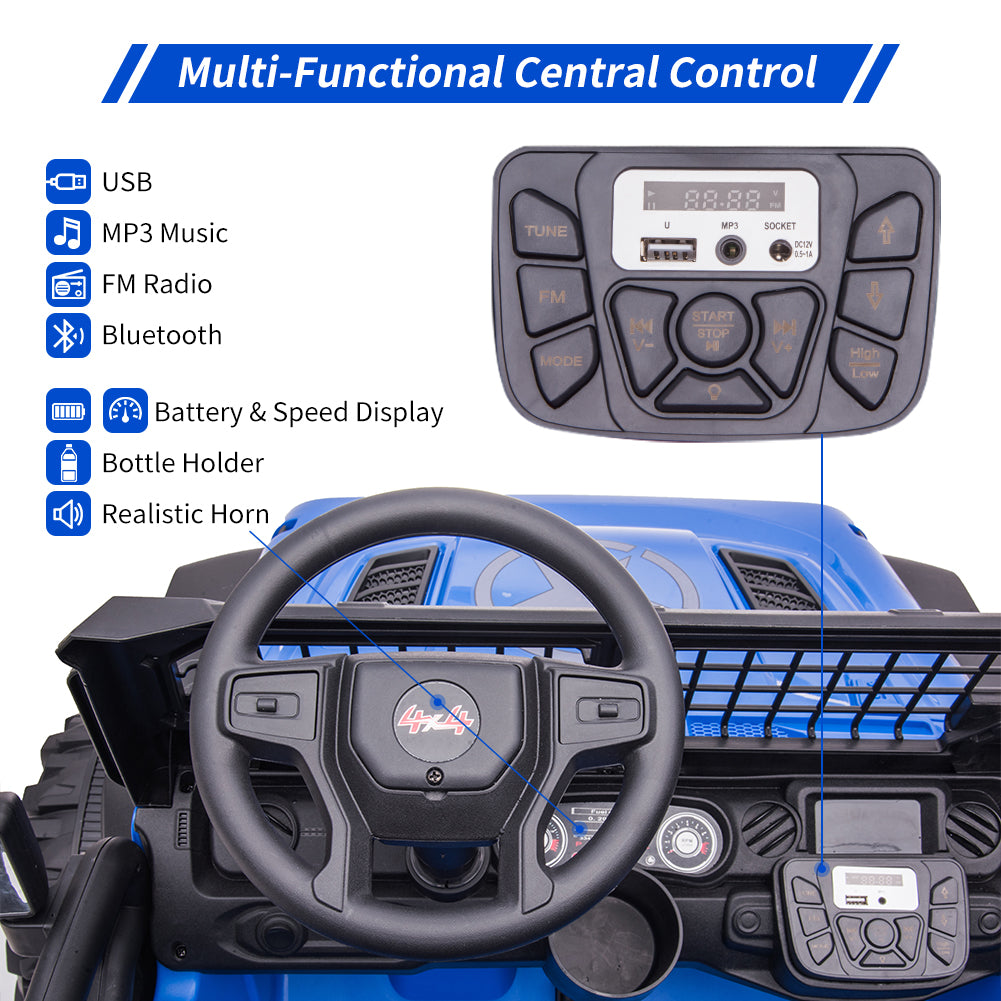 Garvee 24V Kids Ride On Car with Remote Control, 2 Seats 20“ Extra Large Seat Wide Truck, Power Wheels Vehicle, LED Brightlight, Front Storage, Bottle Holder, Central Control, Horn, Bluetooth, USB (Blue)