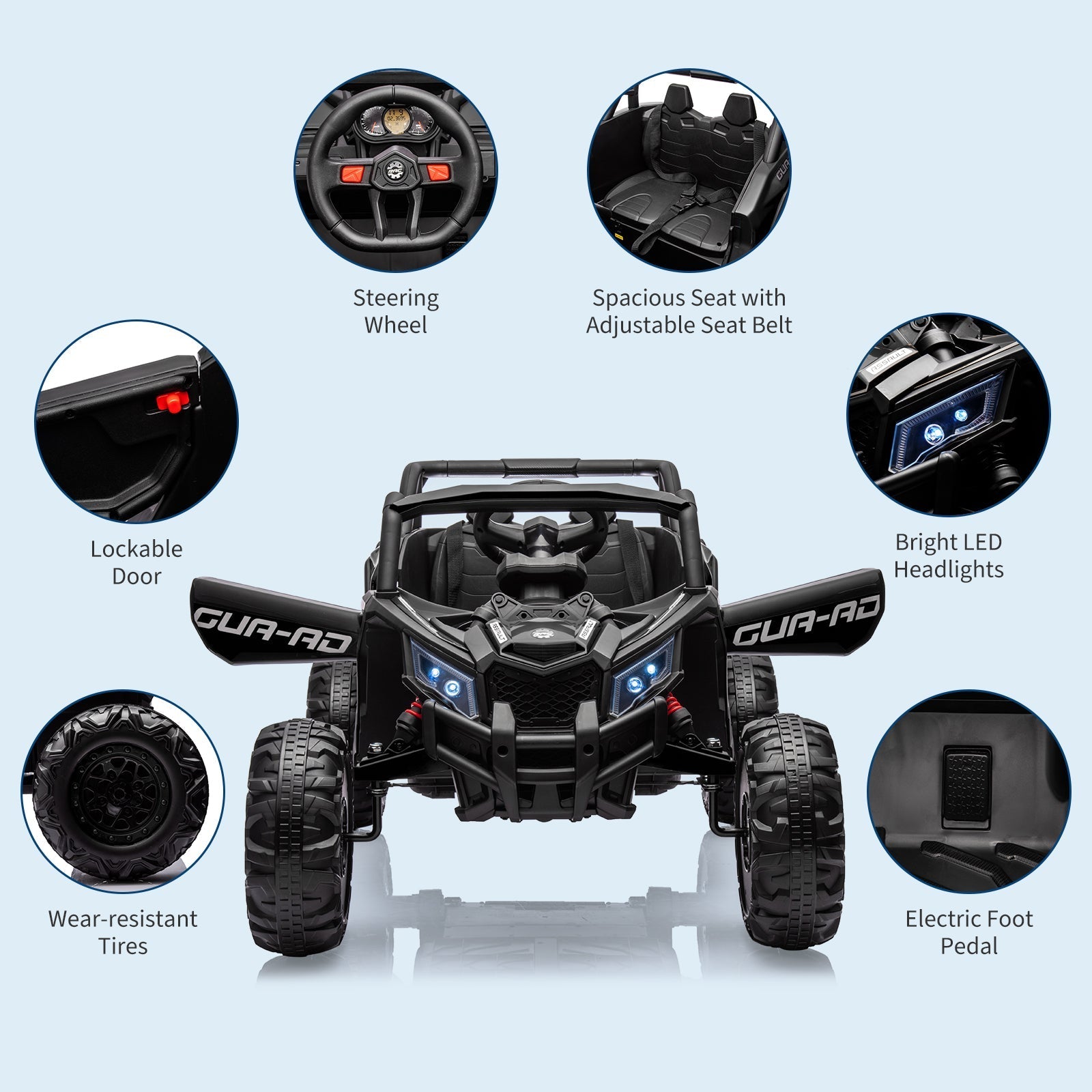 Garvee Ride - P Series: 24V Ride-On UTV: Remote Control, 200W Motor, Spring Suspension, Music, LED Lights, for Boys & Girls - Black
