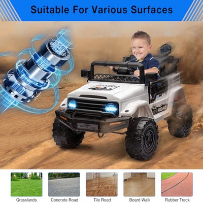 Garvee Ride - P Series: 12V Power Wheel Electric Car for Kids, Ride on Toys with Led Lights Bluetooth, 3 Speeds, Spring Suspension - White