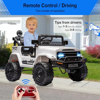 Garvee Ride - P Series: 12V Power Wheel Electric Car for Kids, Ride on Toys with Led Lights Bluetooth, 3 Speeds, Spring Suspension - White