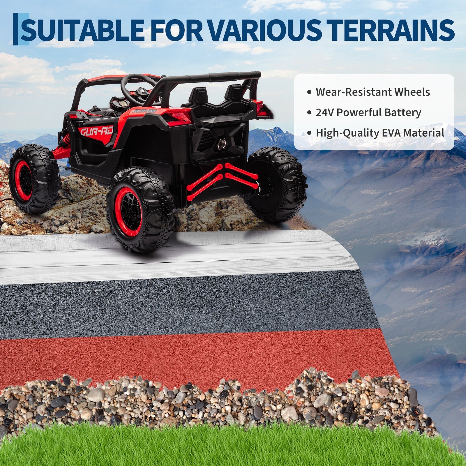 Garvee Ride - P Series: 24V Ride-On UTV: Remote Control, 200W Motor, Spring Suspension, Music, LED Lights, for Boys & Girls - Red