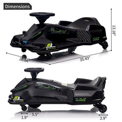 Garvee Ride - P Series: 12V Kids Drift Car: 45W Motor, 5 MPH, Music, LED, USB, Low-Power Alarm, 110lb Max - Black