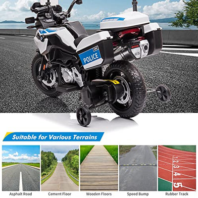 Garvee Ride P Series 12V BMW Police Motorcycle for Kids: 2 Speeds, LED Headlights, Spring Suspension, MP3, Music, Training Wheels, for Boys and Girls - White