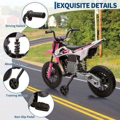 Garvee Ride - P Series: 12V Kids Electric Dirt Bike, 25W*2 Motor, Twist Grip Throttle, Spring Suspension, Training Wheels, Ride-On Toy - Pink