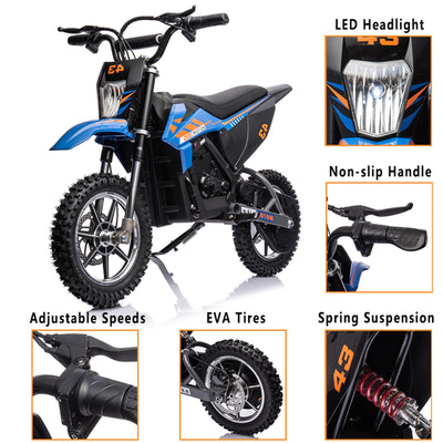 Garvee Ride - T Series: 36V Kids Electric Dirt Bike, 350W/15.5MPH Brushless Motor, LED, Comfortable Leather Seat, 175lbs Max Load Capacity-Blue