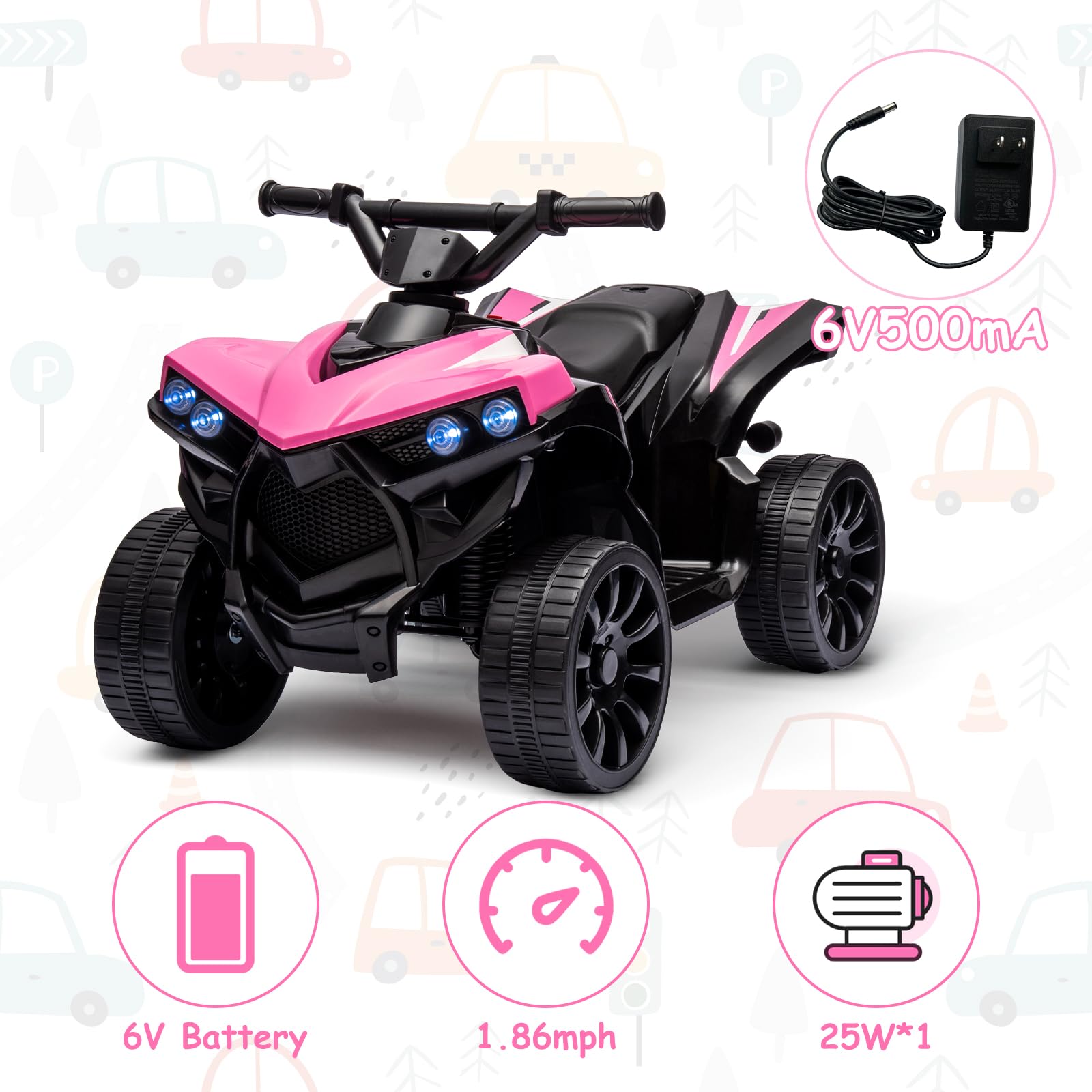 Garvee Ride - P Series: 6V Quad ATV for Kids Toddler 3+ years, Max 55lb Capacity ，With LED, Music, Foot Pedal, Wear-Resistant Wheels, 1.9 MPH - Pink