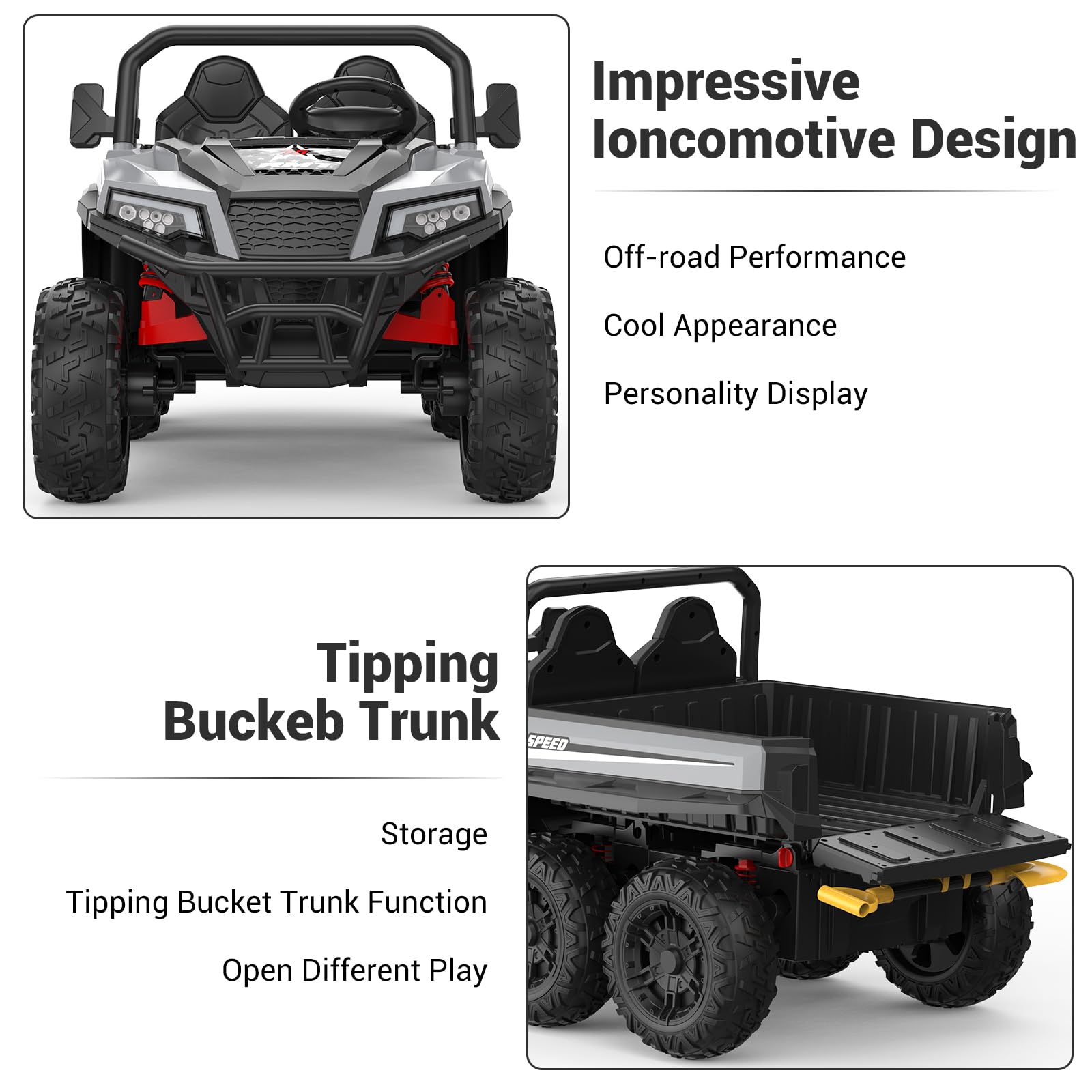 Garvee Ride - P Series: 24V 4WD Electric Ride On Dump Truck with Remote Control, 2-Seater, Music Player, LED Lights, Key Start Safety System, Durable Plastic, Off-Road Kids Toy for Ages 3+ - Grey