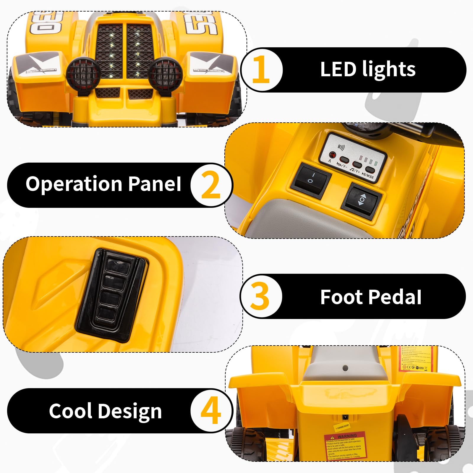Garvee Ride - P Series: 6V Kids Ride On Electric ATV, Ride Car with LED Headlights, Ride-On Toy for Toddlers 1-3 Boys & Girls with Music, Forward & Reverse - Yellow