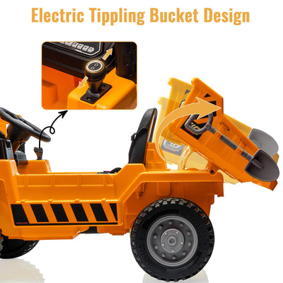 Garvee Ride - P Series: 12V Kids Ride on Dump Truck + Remote Control + Electric Dump Bed + USB MP3 Player + Safety Features + All-Terrain Tires + Indoor & Outdoor Fun