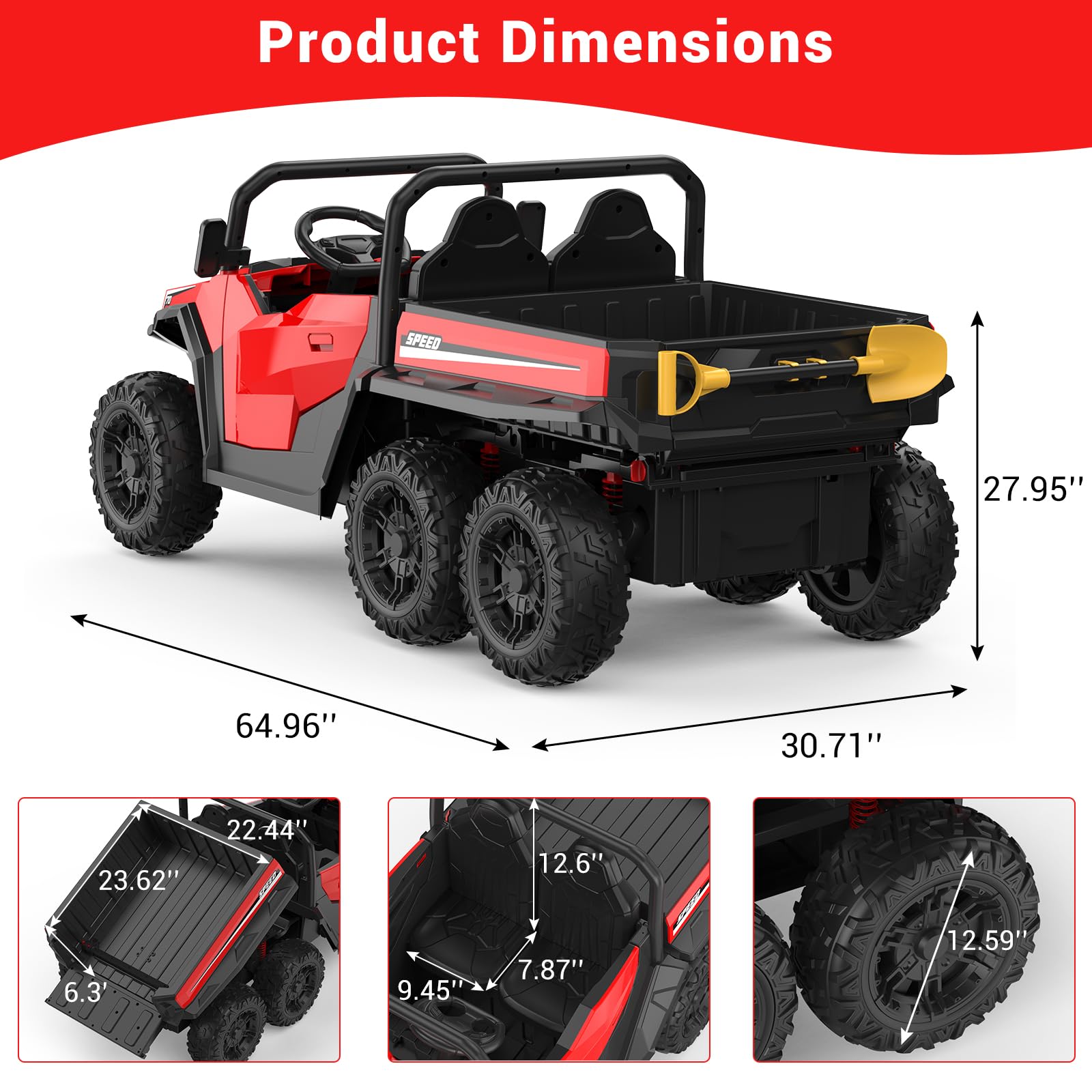 Garvee Ride - P Series: 24V 4WD Electric Ride On Dump Truck with Remote Control, 2-Seater, Music Player, LED Lights, Key Start Safety System, Durable Plastic, Off-Road Kids Toy for Ages 3+ - Red