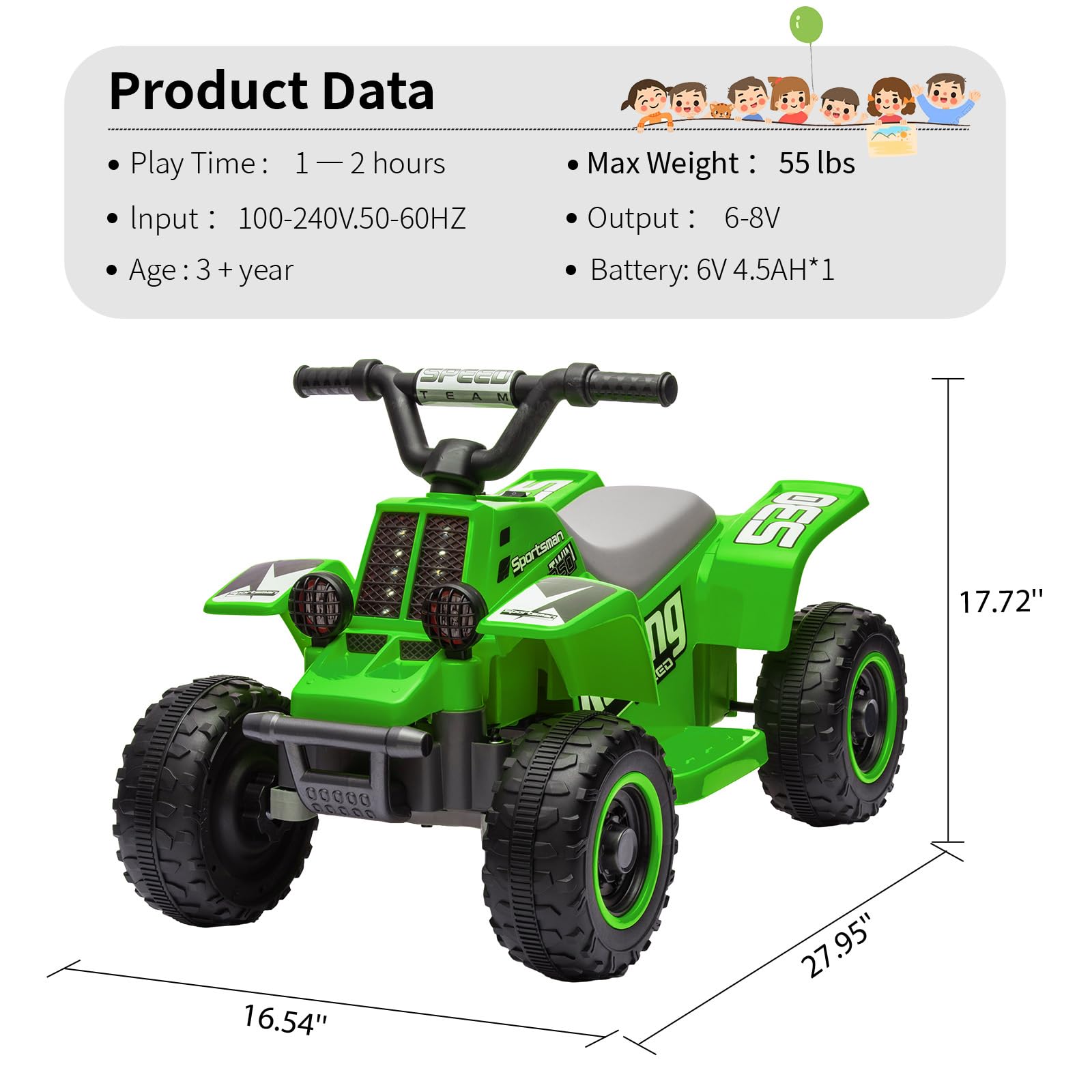 Garvee Ride - P Series: 6V Kids Ride On Electric Quad ATV, Ride Car with LED Headlights, Ride-On Toy for Toddlers 1-3 Boys & Girls with Music, Forward & Reverse - Green