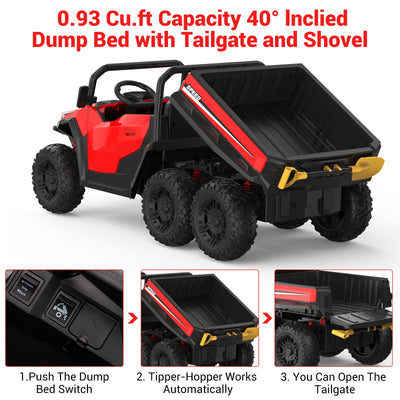 Garvee Ride - P Series: 24V 4WD Electric Ride On Dump Truck with Remote Control, 2-Seater, Music Player, LED Lights, Key Start Safety System, Durable Plastic, Off-Road Kids Toy for Ages 3+ - Red