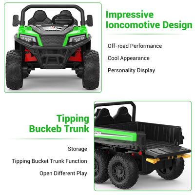Garvee Ride - P Series: 24V 4WD Electric Ride On Dump Truck with Remote Control, 2-Seater, Music Player, LED Lights, Key Start Safety System, Durable Plastic, Off-Road Kids Toy for Ages 3+ - Green