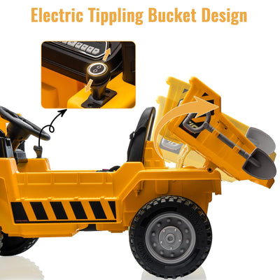 Garvee Ride - P Series: 12V with Electric Dump Bed, Remote Control, MP3, USB, Music Player, Yellow, Safe All-Terrain Tires