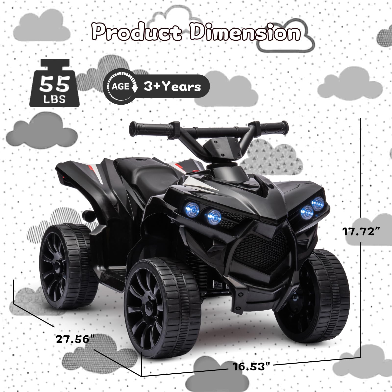 Garvee Ride - P Series: 6V Quad ATV for Kids Toddler 3+ years, Max 55lb Capacity ，With LED, Music, Foot Pedal, Wear-Resistant Wheels, 1.9 MPH - Black